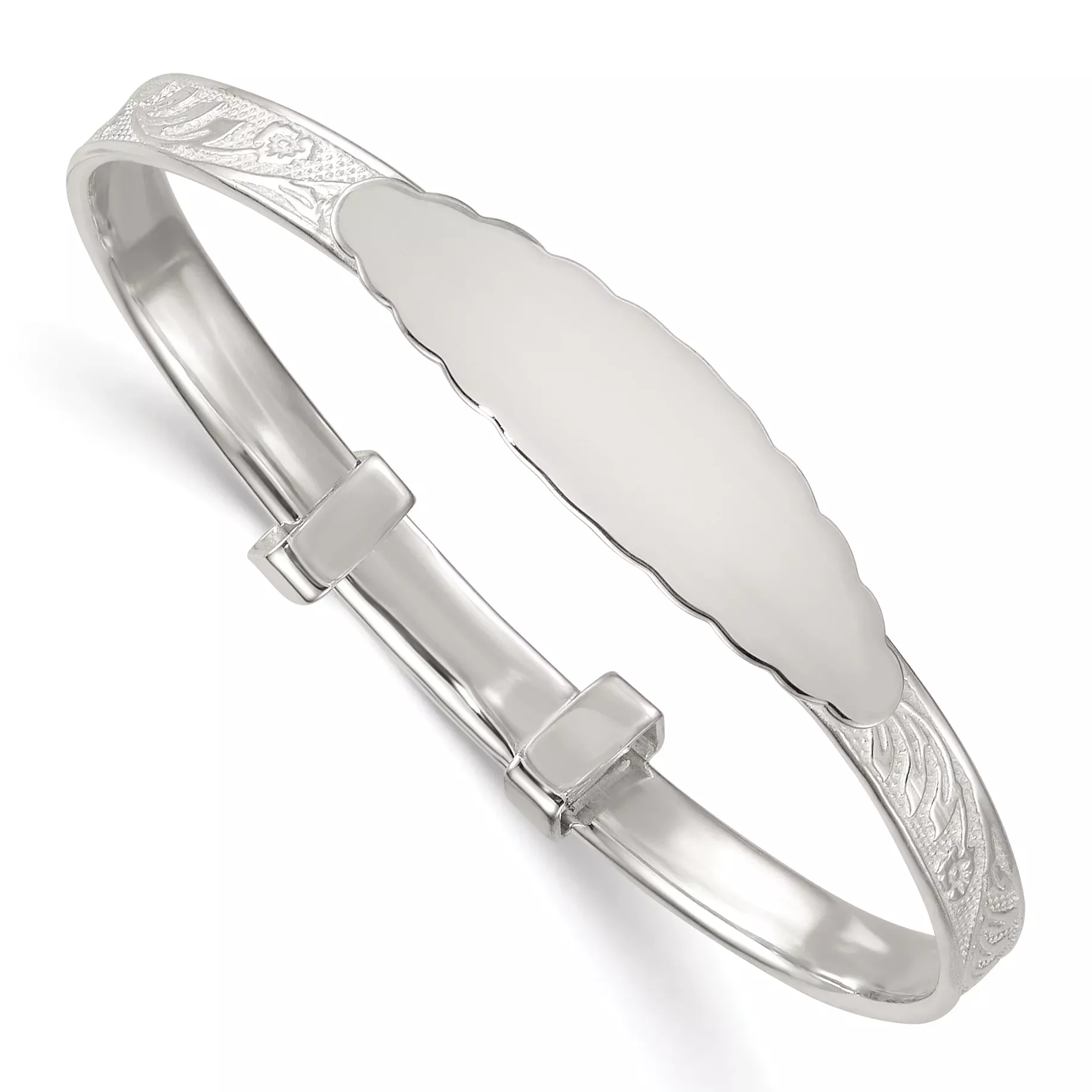 Sterling Silver Polished Textured Floral Expandable Slip-on Baby ID Bangle