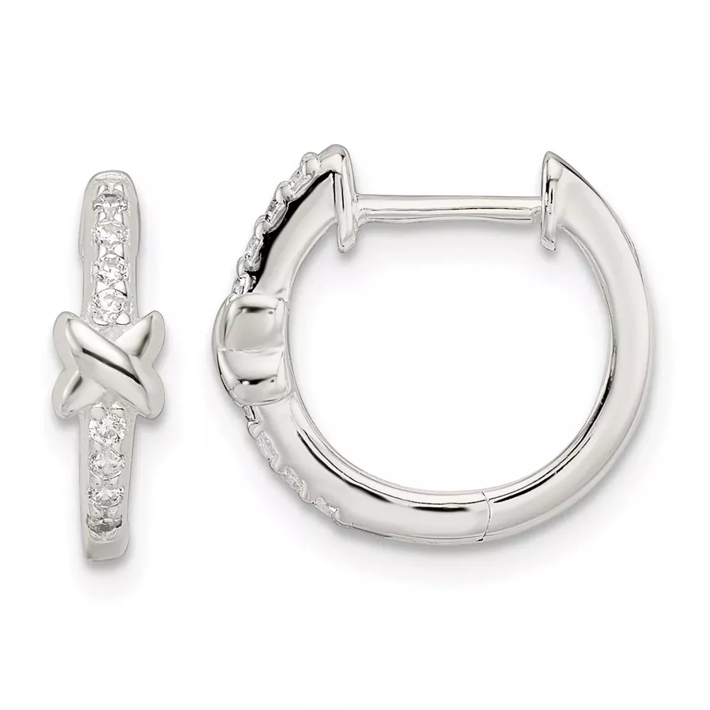Sterling Silver Polished X Cz Hinged Hoop Earrings