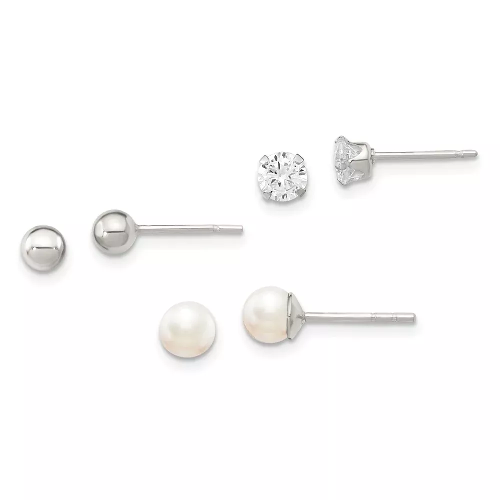 Sterling Silver Post 3Pc Stellux Crystal And Fwc Pearl Earring Set