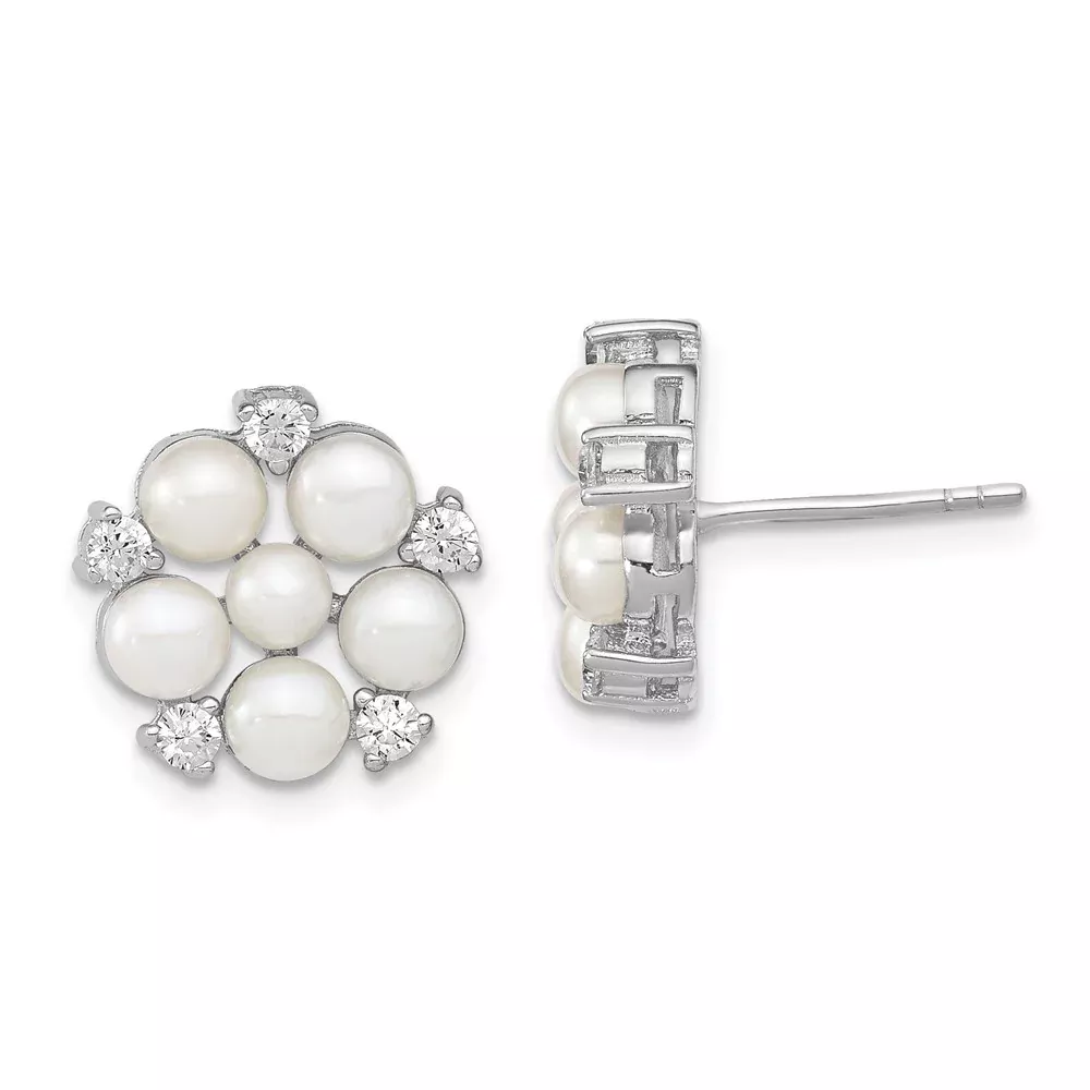 Sterling Silver Rh 3-5mm White Button Fwc Pearl Cz Post Earrings