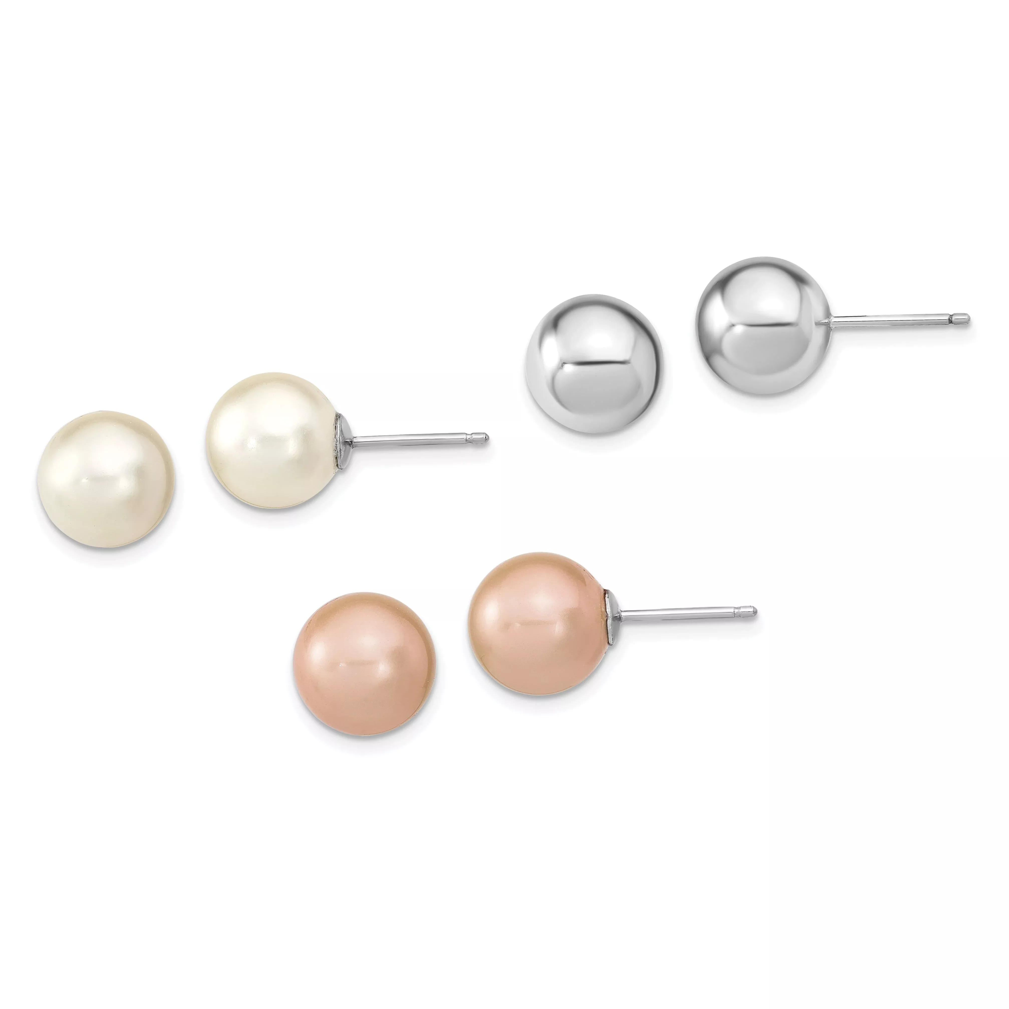 Sterling Silver Rh-Pl 10-11mm Wht /Pink Imitation Shell Pearl 3 Earring Set