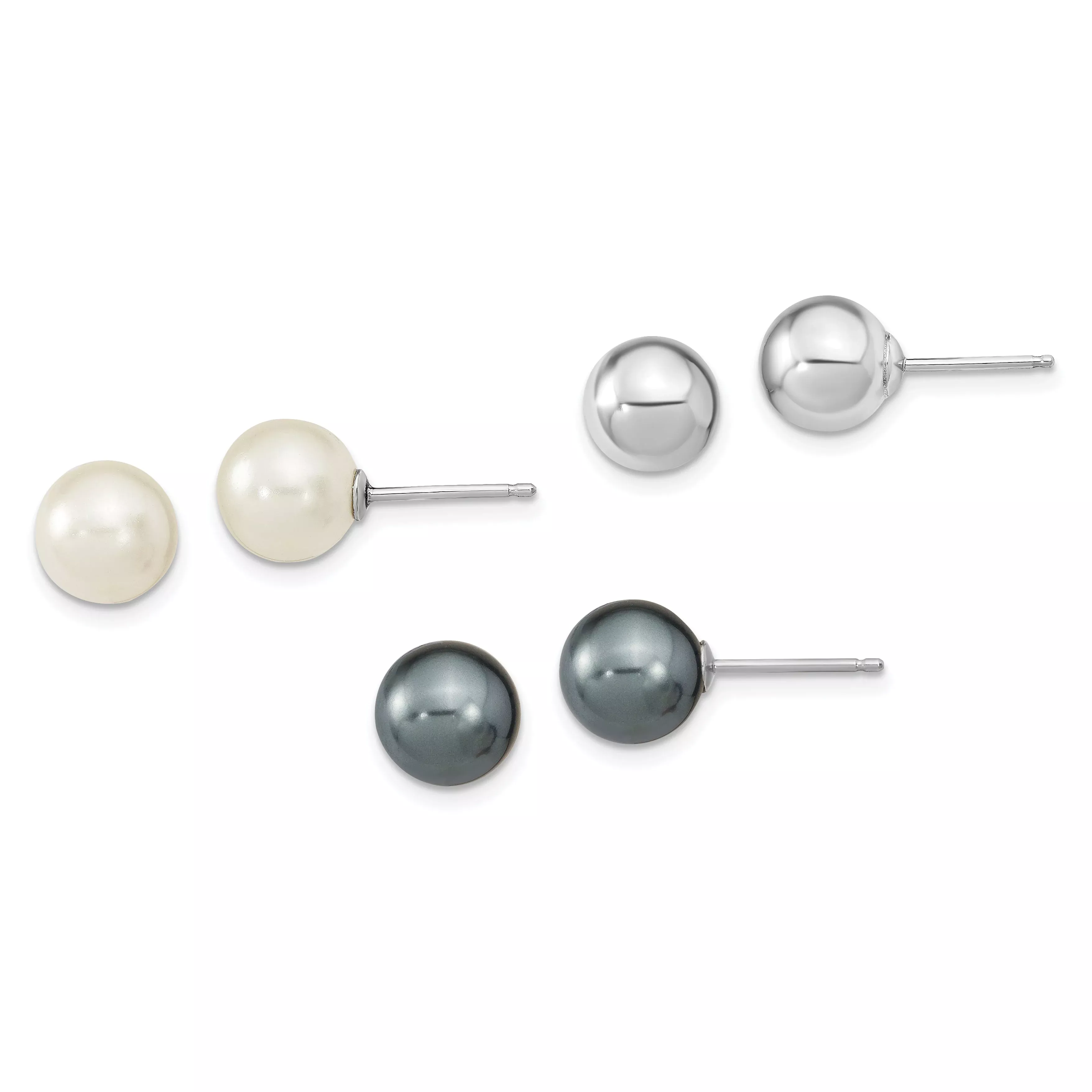 Sterling Silver Rh-Pl 8-9mm Wht/Blk Imitat Shell Pearl Post 3 Earring Set