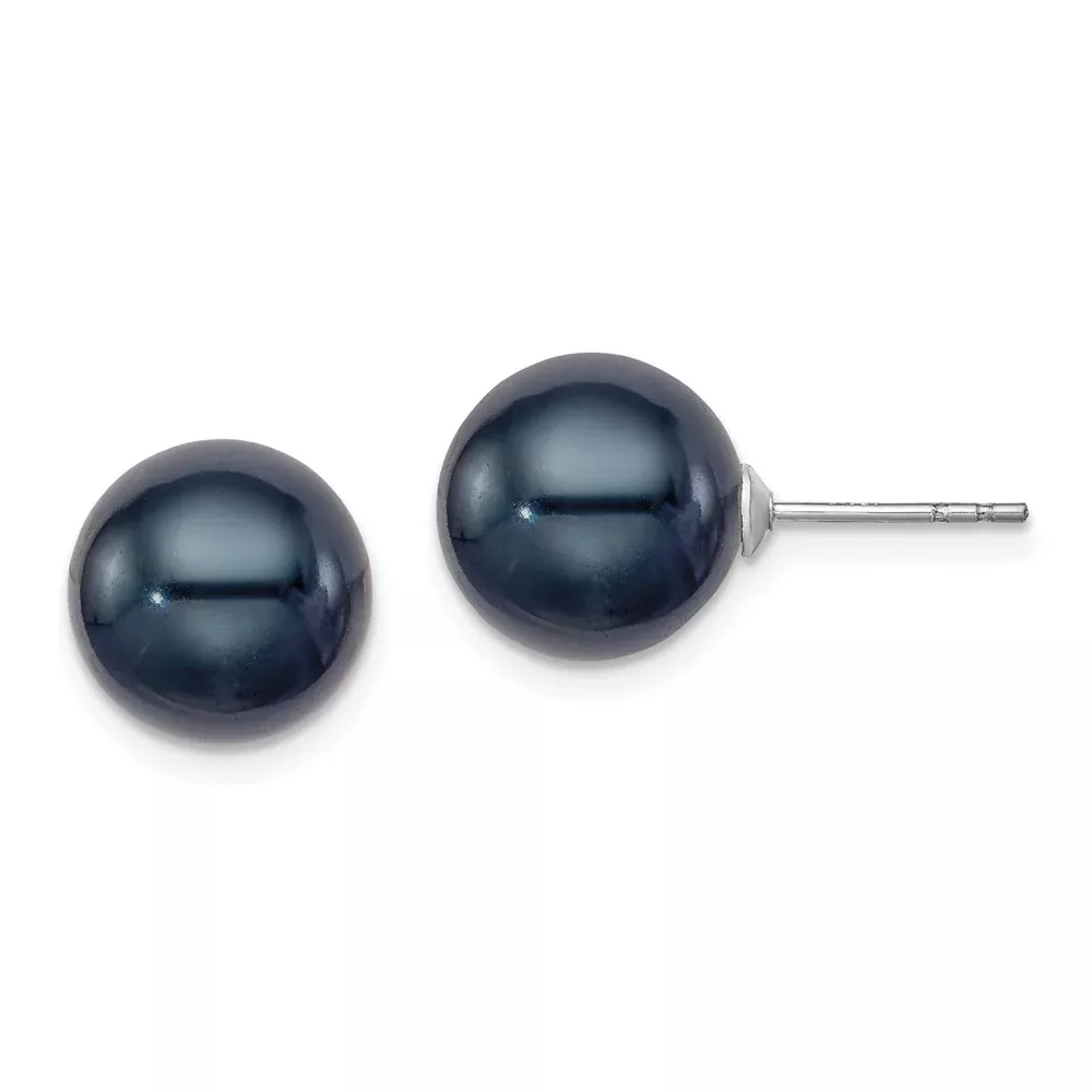 Sterling Silver Rh-Plated 10-11mm Black Fwc Round Pearl Earrings