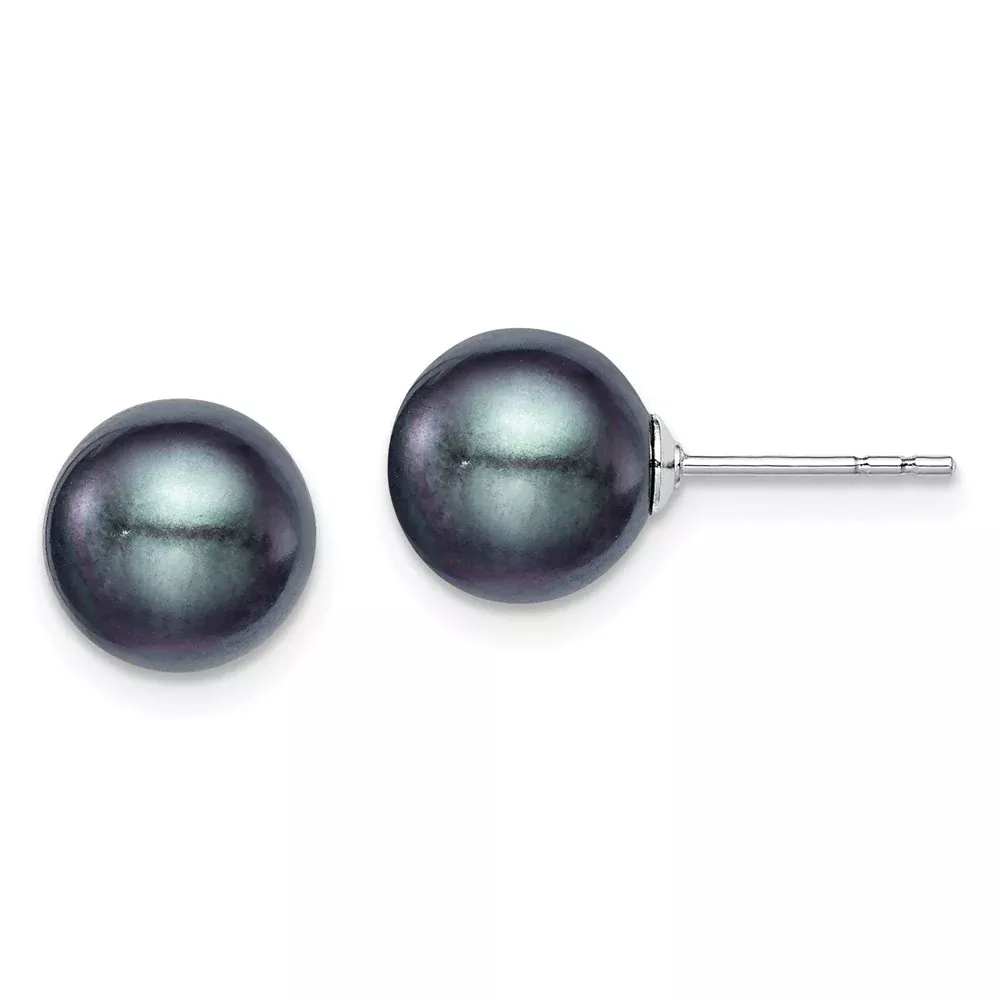 Sterling Silver Rh-Plated 8-9mm Black Fw Cultured Round Pearl Stud Earrings