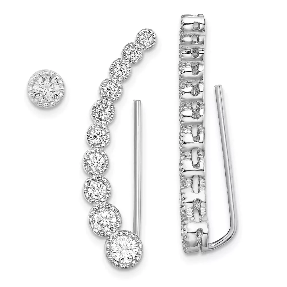 Sterling Silver Rh-Plated Polished & Textured Cz 1 Ear Climber Stud