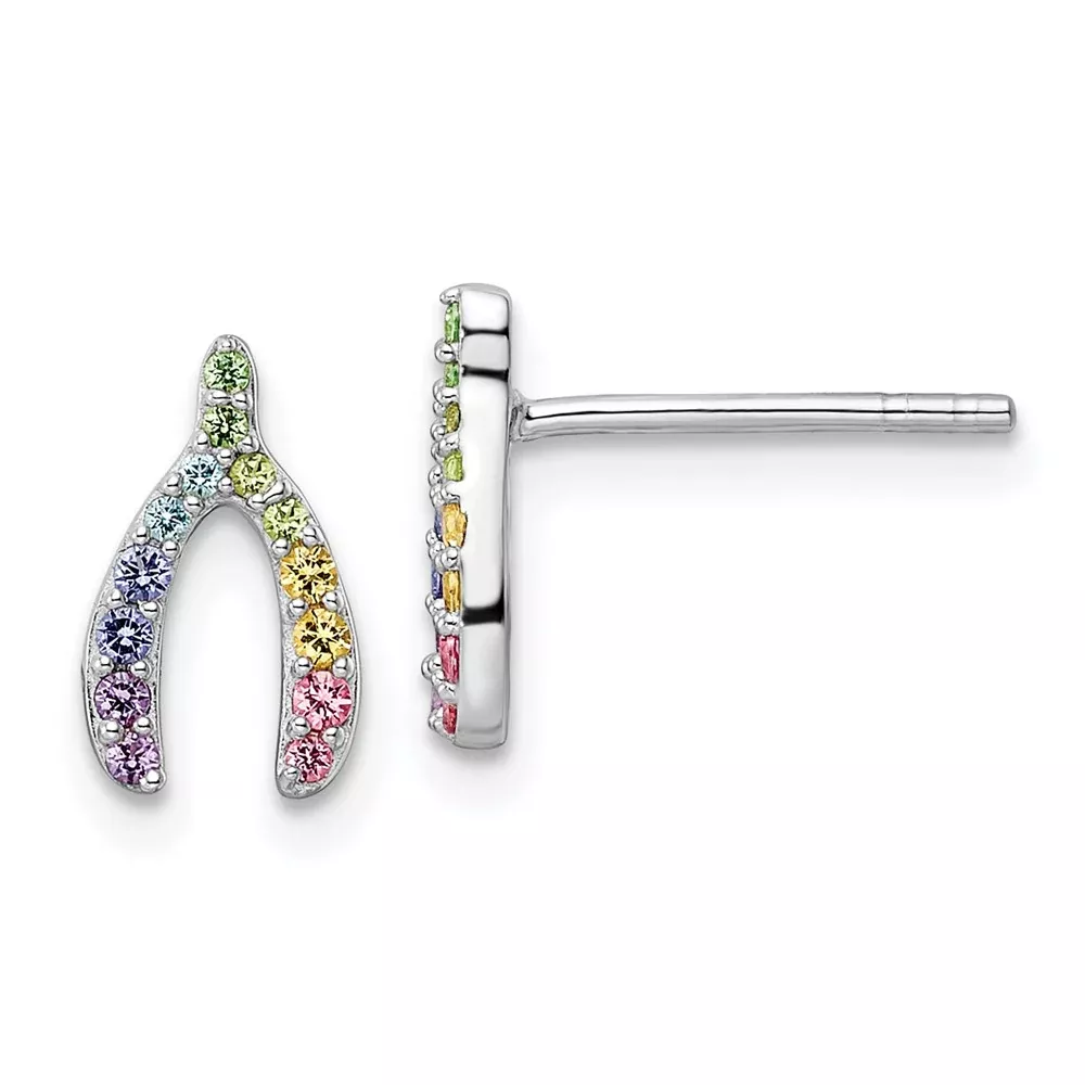 Sterling Silver Rh-Plated Rainbow Crystal Wishbone Post Earrings
