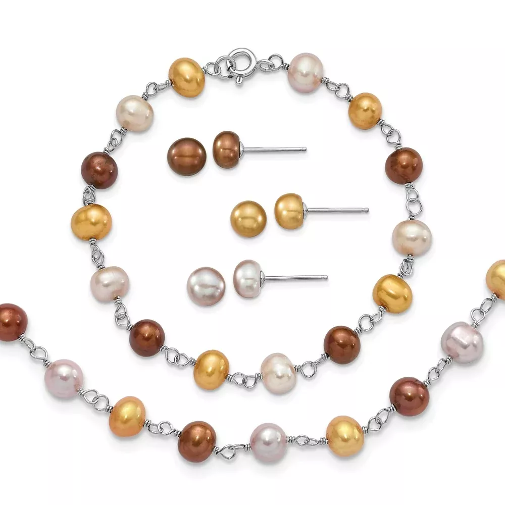 Sterling Silver Rh White/Yellow/Brown Fwc Pearl Neck/Brace/Ear Set