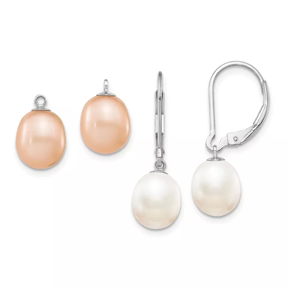 Sterling Silver Rhod 7-8mm Fwc Pearl Leverback 2Pc Enhancer Set