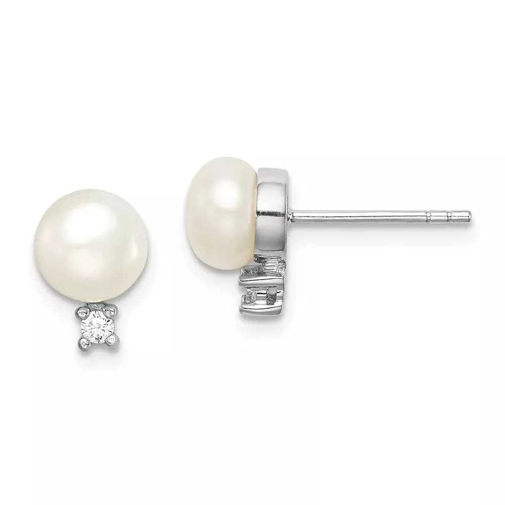 Sterling Silver Rhod-Plat 6-7mm White Button Fwc Pearl Cz Earrings