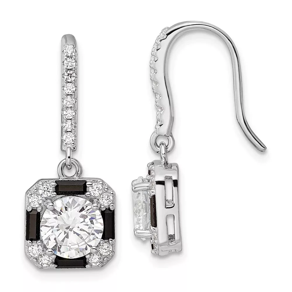 Sterling Silver Rhodium-Plate Cz & Black Nano Crystal Square Earrings