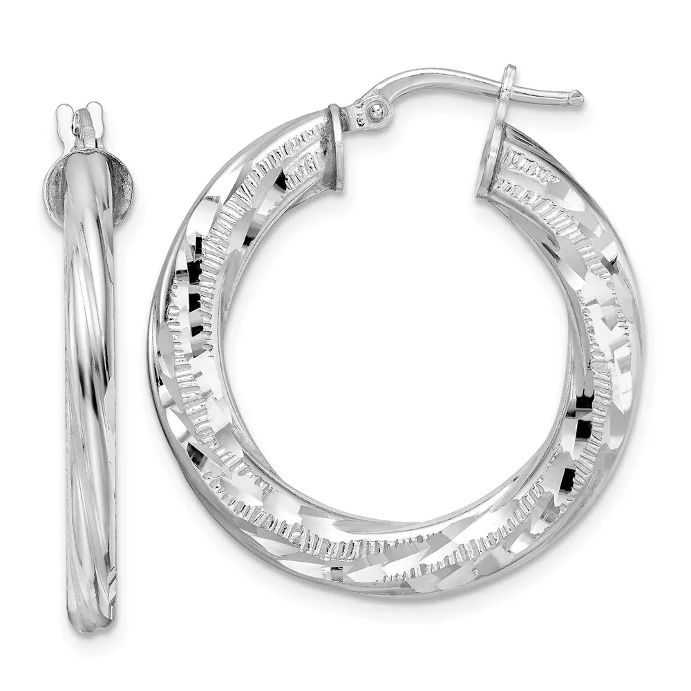 Sterling Silver Rhodium-Plated 3X29mm D /C Twisted Tube Hoop Earrings