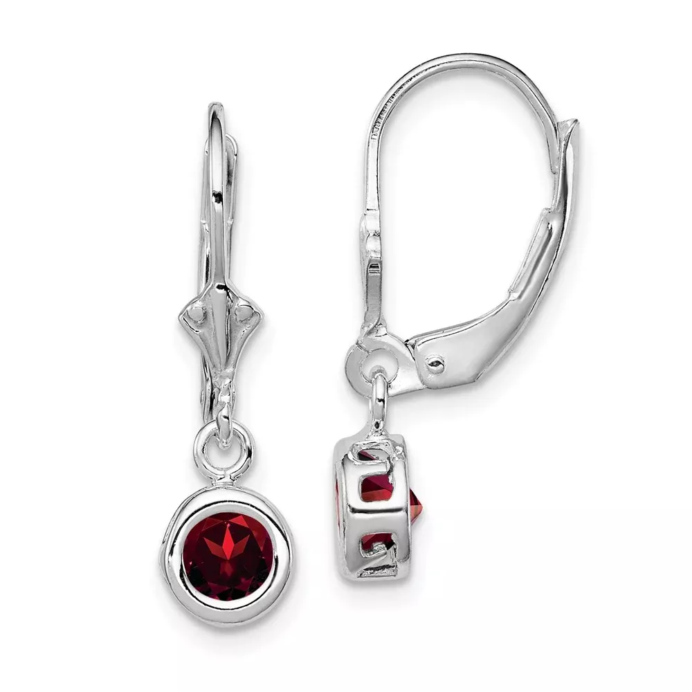 Sterling Silver Rhodium Plated 5mm Round Garnet Leverback Earrings