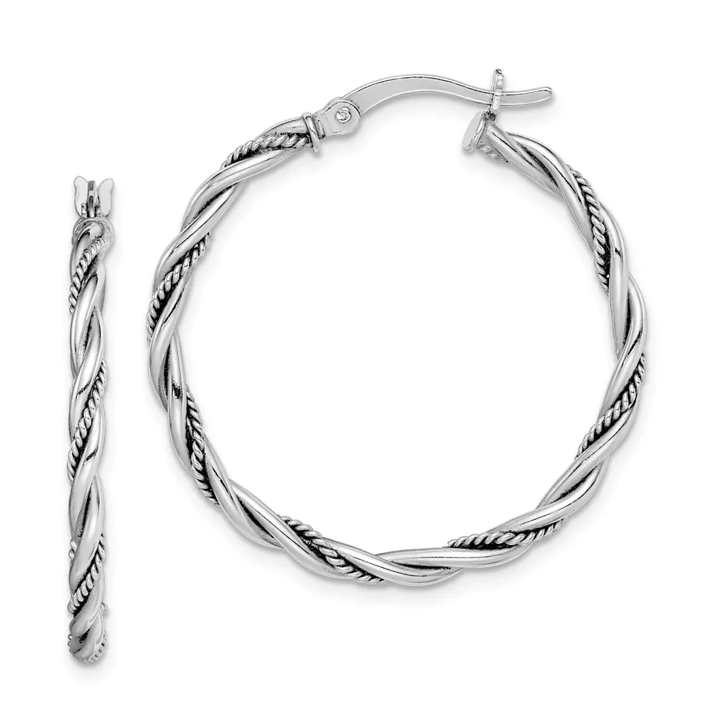 Sterling Silver Rhodium-Plated Antiqued 2X30mm Twisted Hoop Earrings