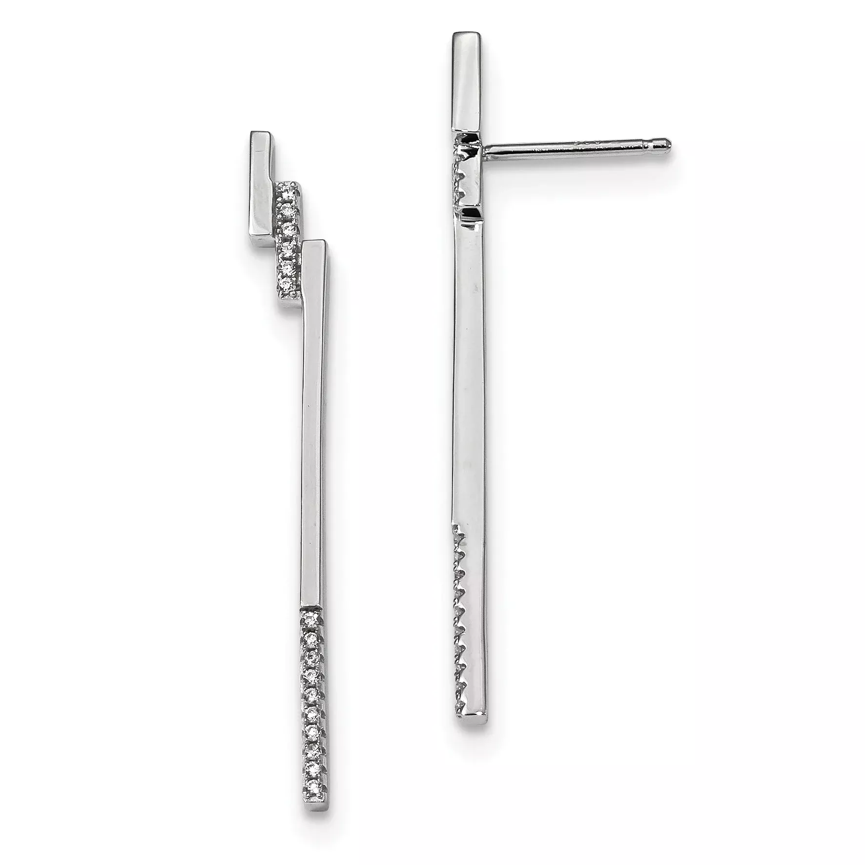 Sterling Silver Rhodium-Plated Bar And Cz Post Earrings