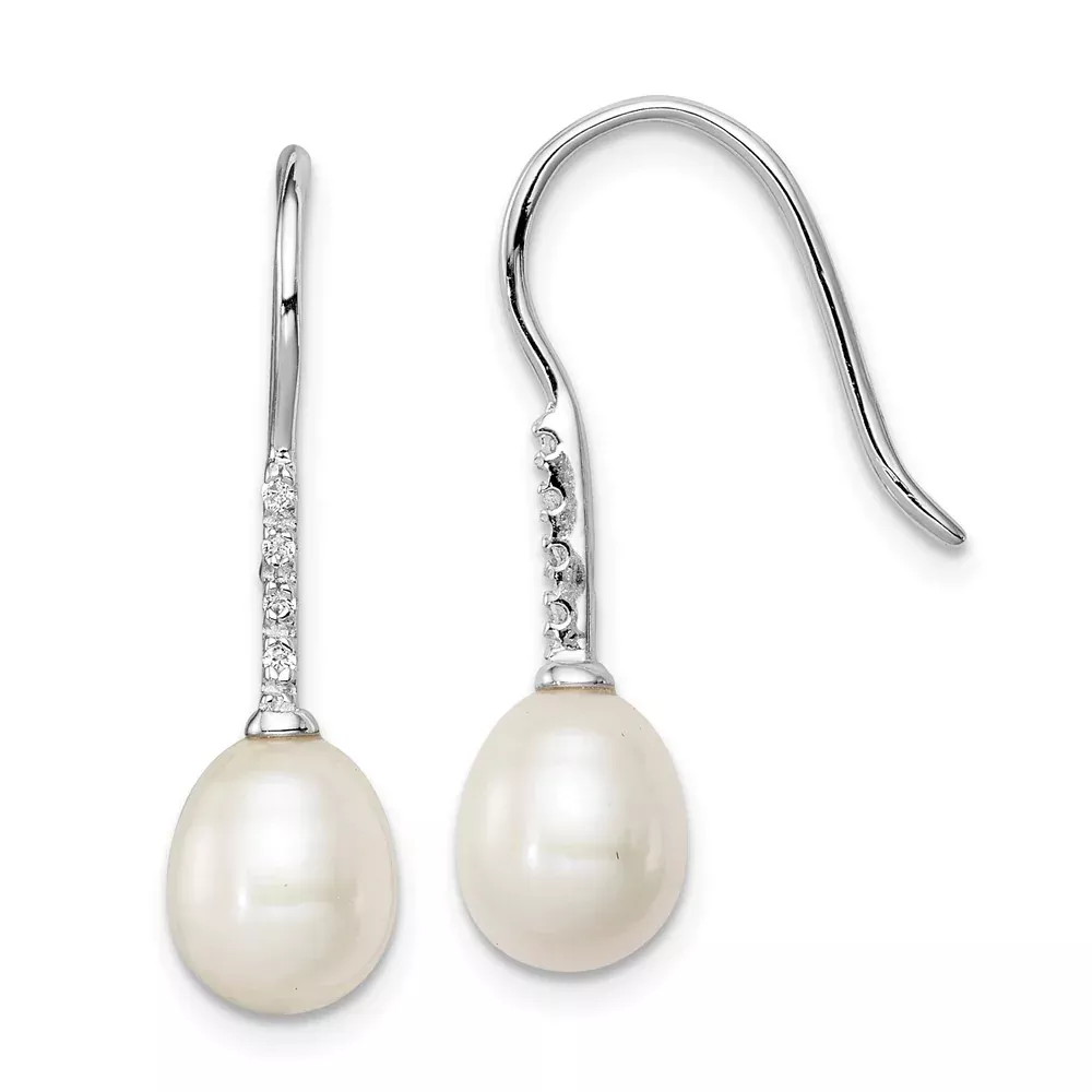 Sterling Silver Rhodium Plated Clear Cz And 7-8mm White Freshwater Cultured Pearl Dangle Leverback Earrings