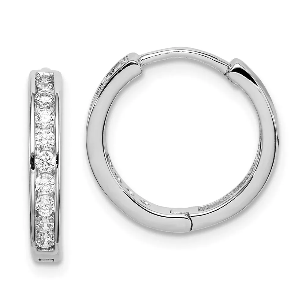 Sterling Silver Rhodium-Plated Cz 3X16mm Hinged Hoop Earrings