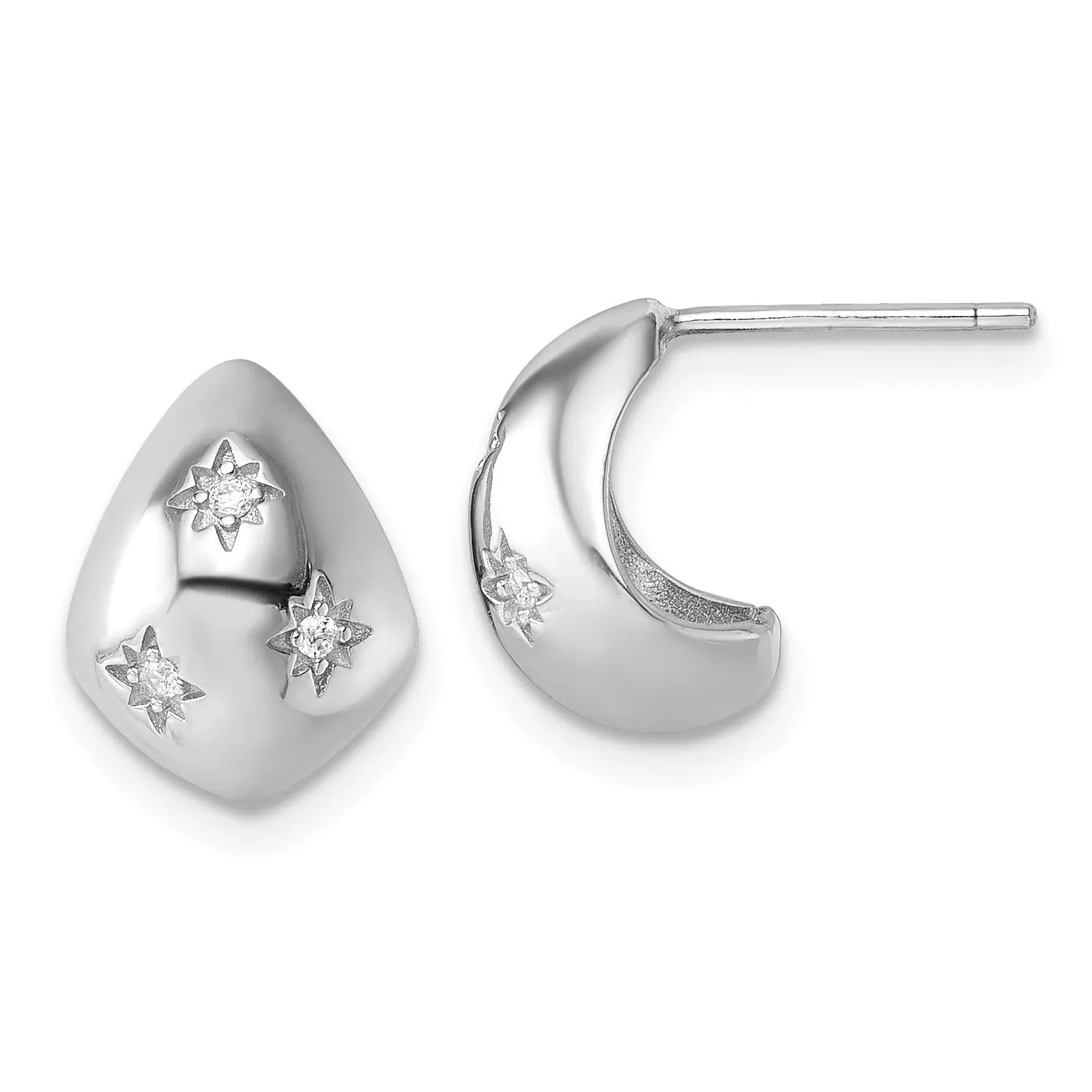 Sterling Silver Rhodium-plated CZ Polished Star Post J-Hoop Earrings