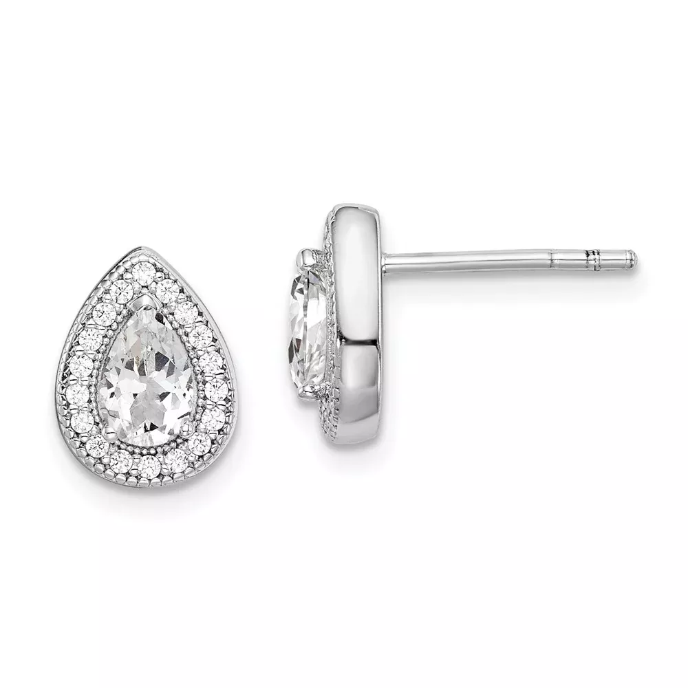 Sterling Silver Rhodium-Plated Cz Post Earrings