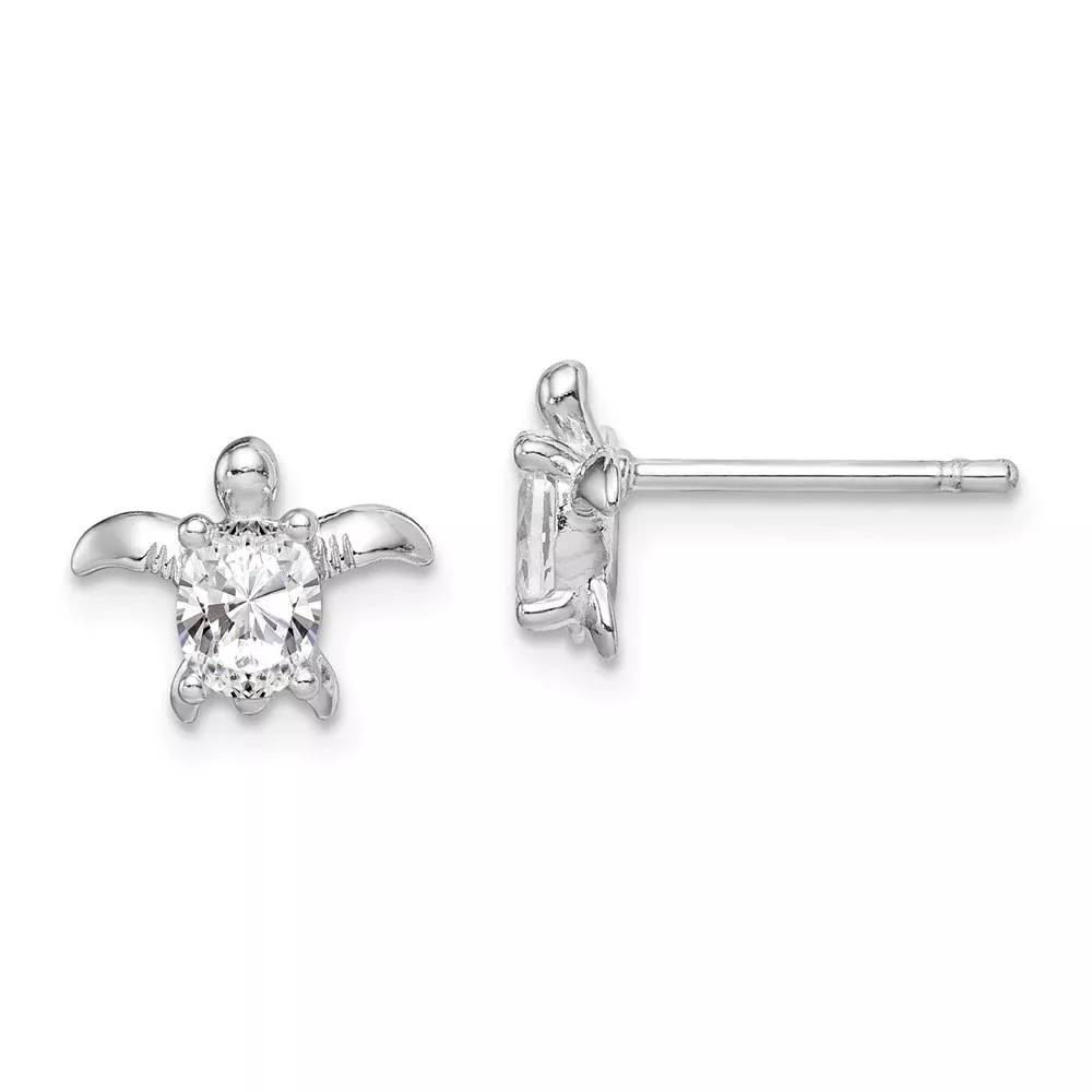 Sterling Silver Rhodium Plated Cz Turtle Post Earrings