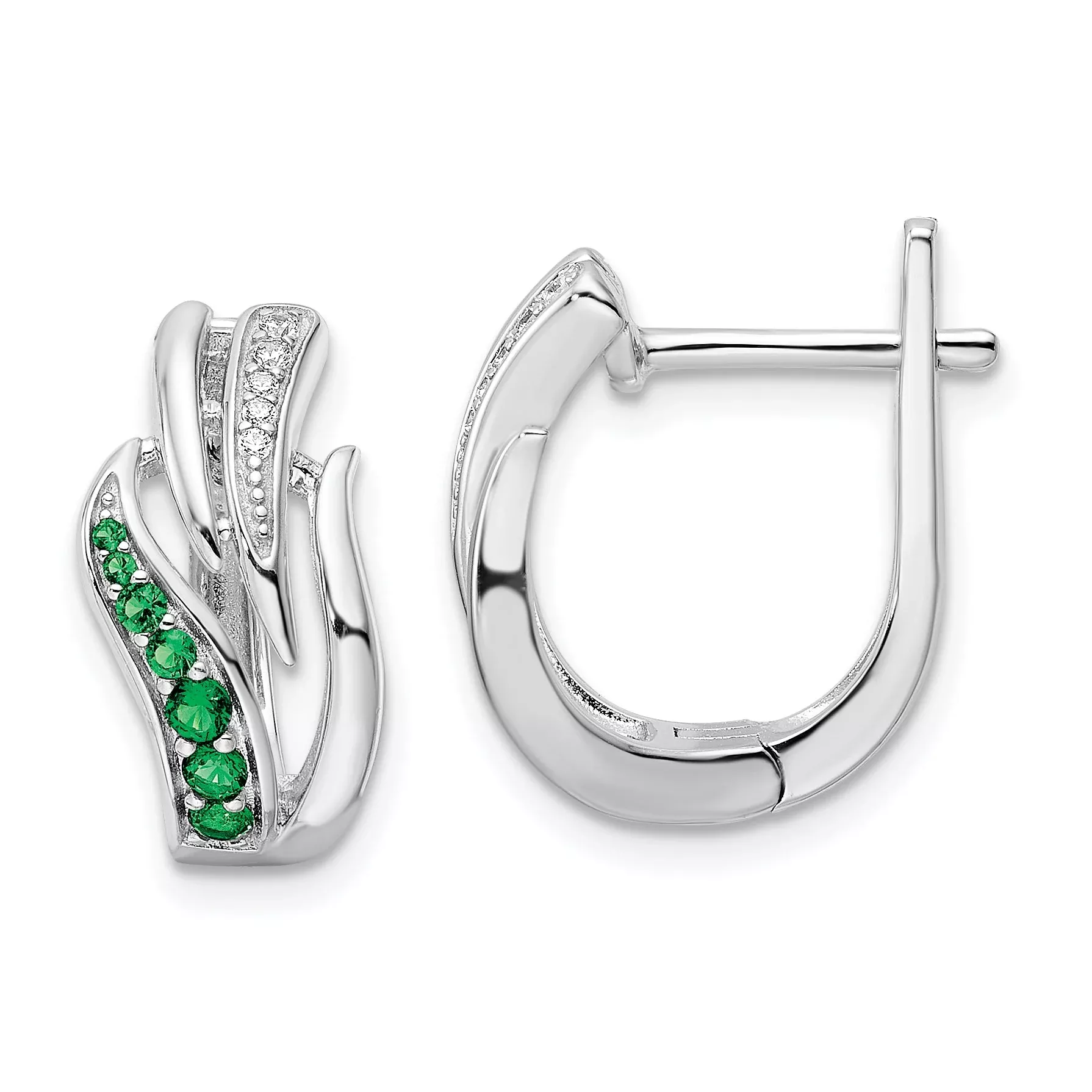 Sterling Silver Rhodium-Plated Green & White Cz Hinged Hoop Earrings