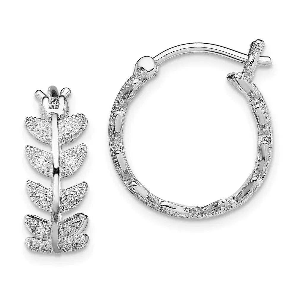 Sterling Silver Rhodium-Plated Micro Pav Cz Leaf Hoops