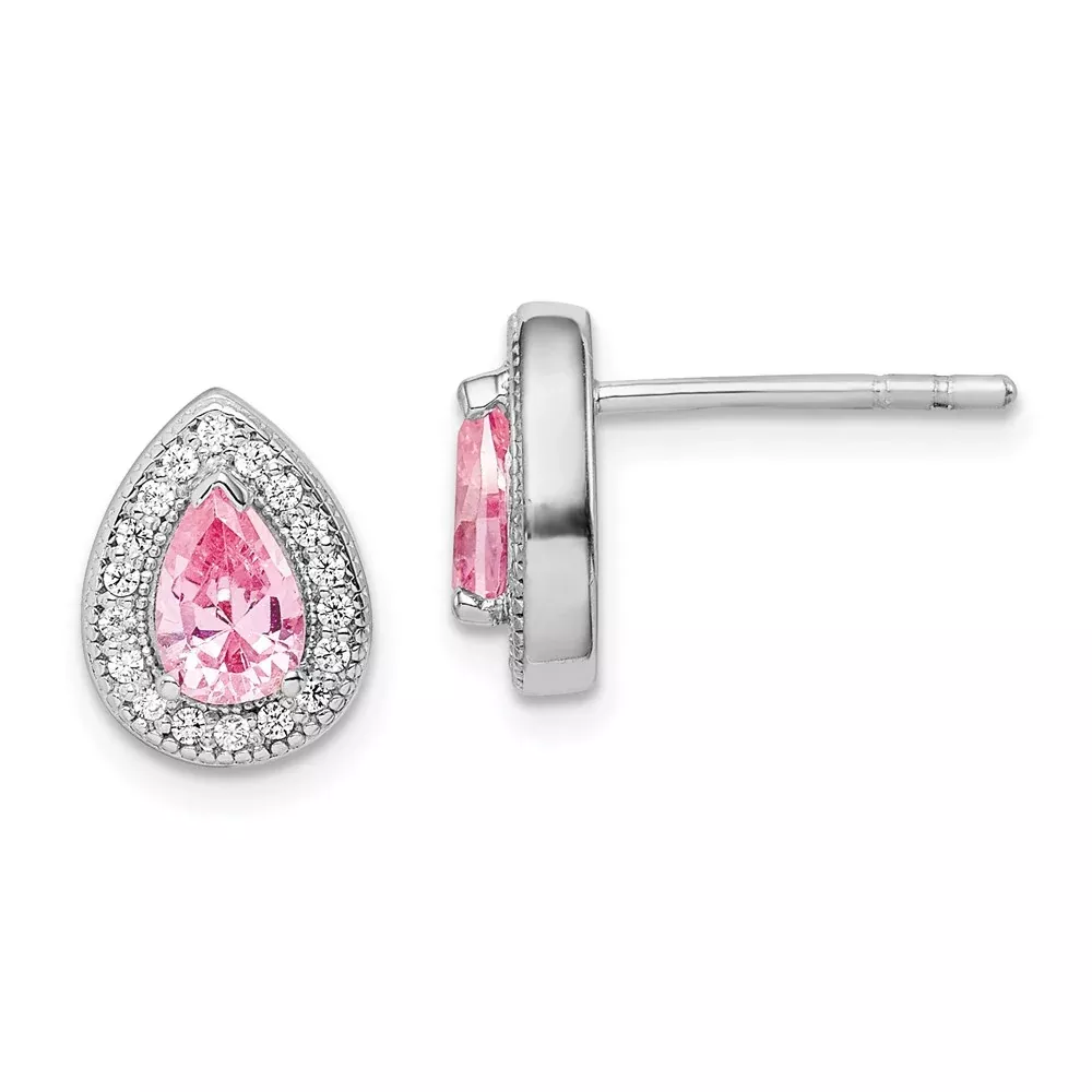 Sterling Silver Rhodium Plated Pink And Clear Cz Post Earrings