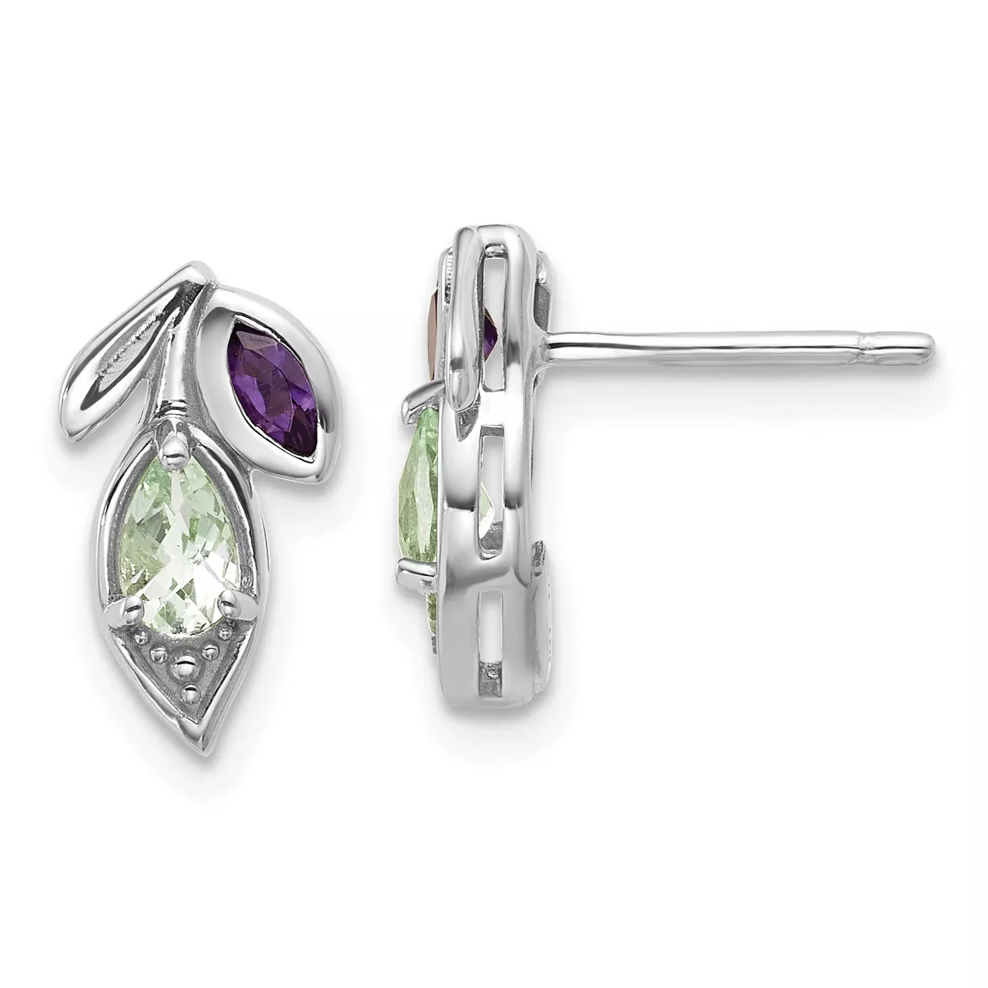 Sterling Silver Rhodium-plated Polished Amethyst and Green Quartz Leaf Post Earrings