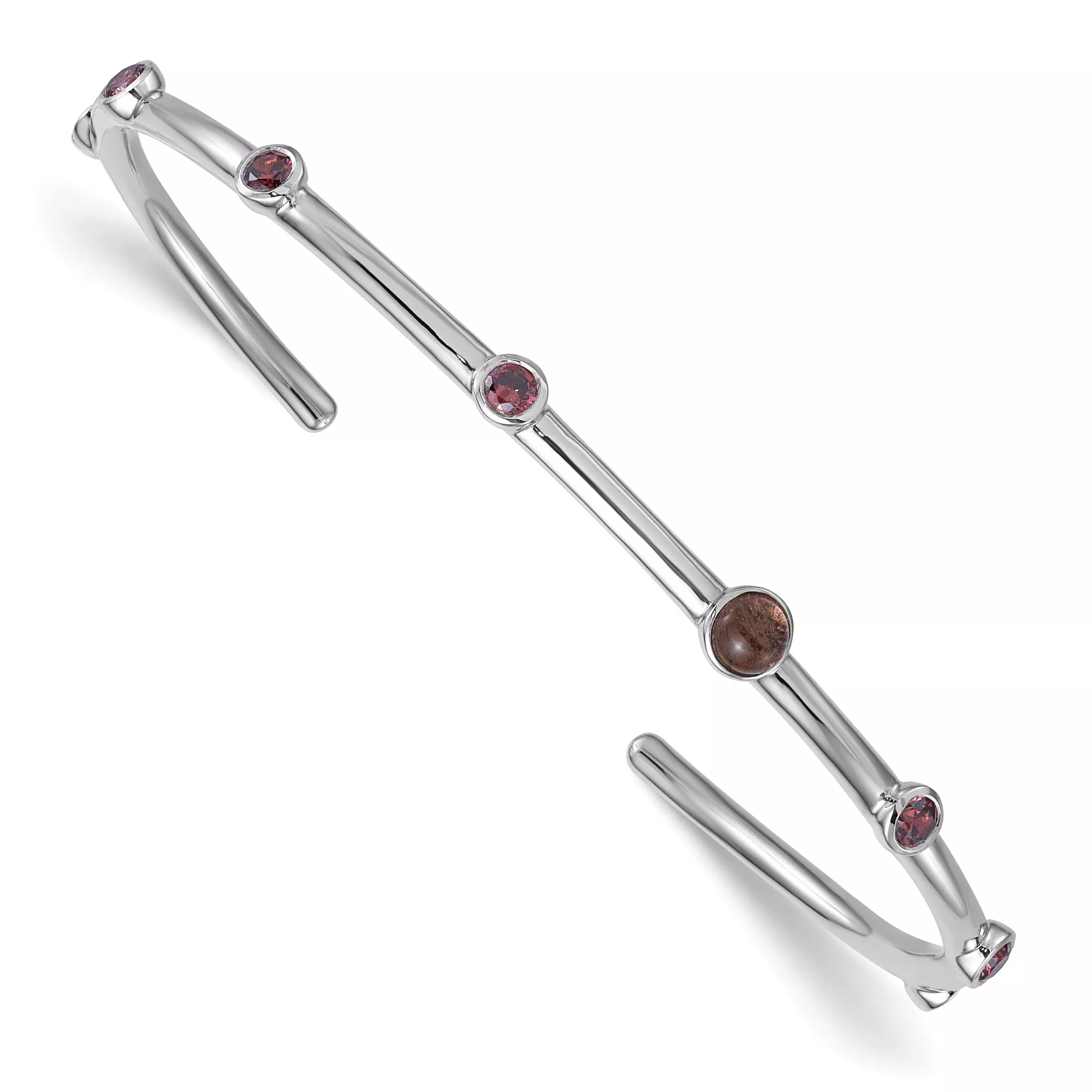 Sterling Silver Rhodium-plated Polished Brown CZ and Smokey Quartz Cuff Bangle
