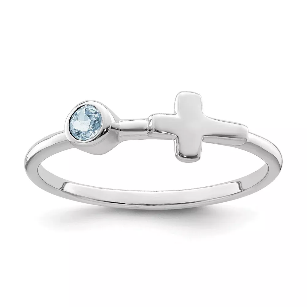 Sterling Silver Rhodium-Plated Polished Cross Aquamarine Ring