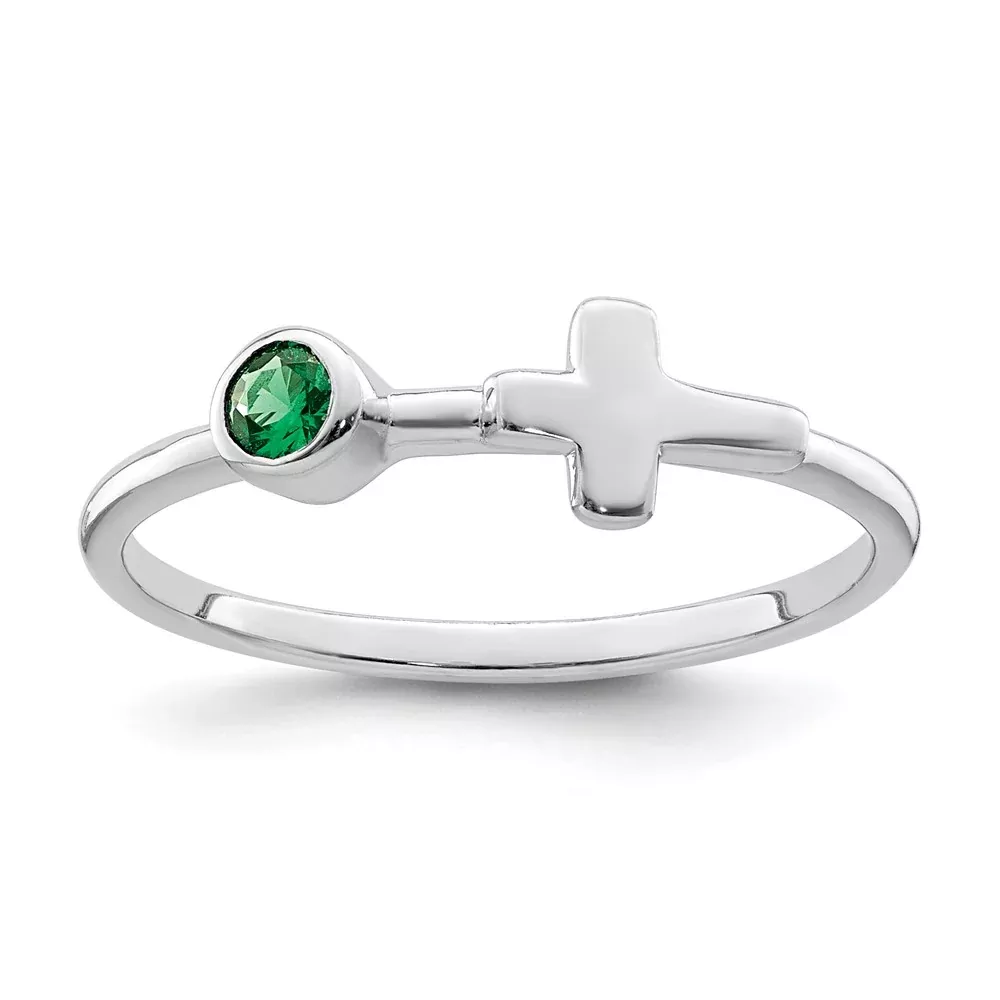 Sterling Silver Rhodium-Plated Polished Cross Lab Created Emerald Ring