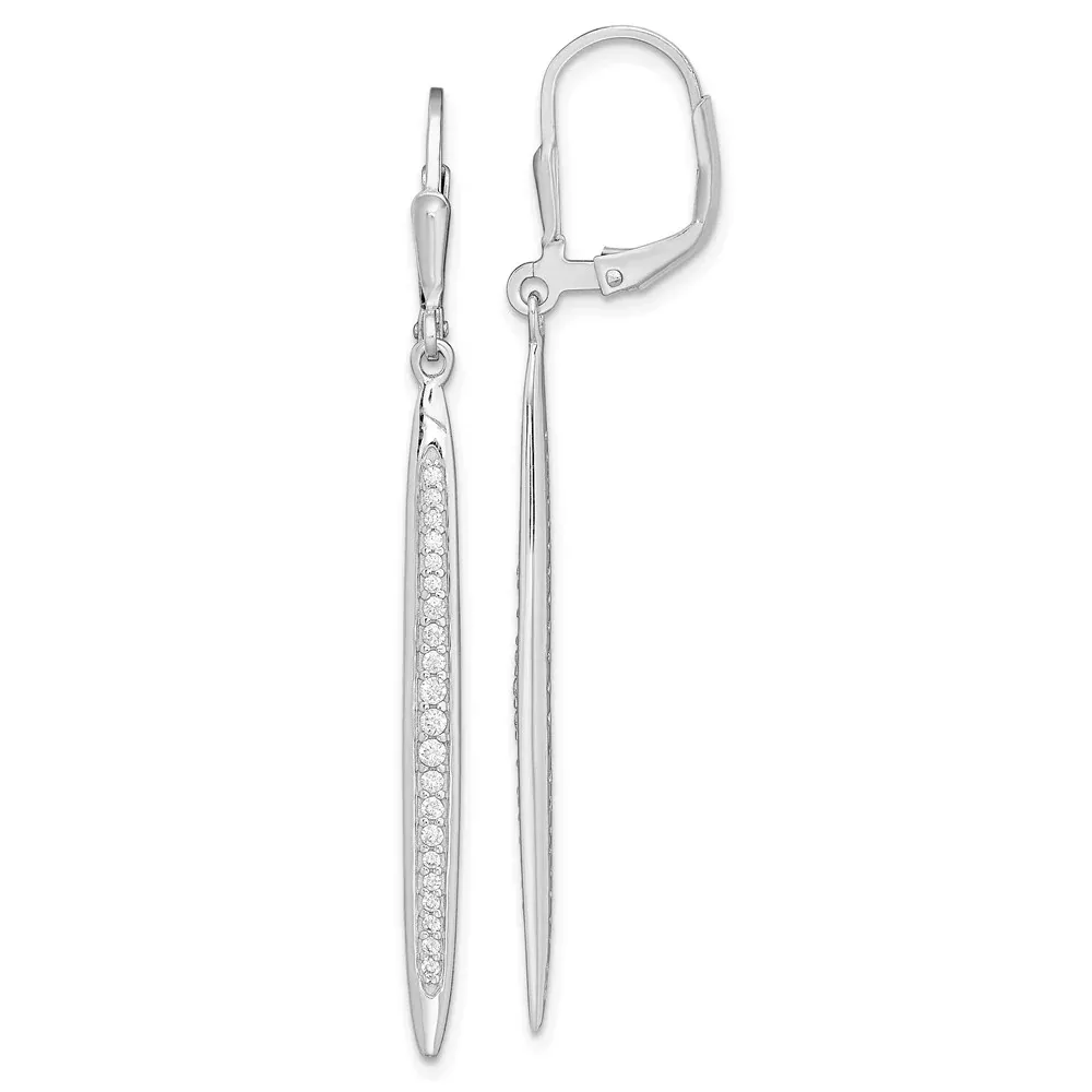 Sterling Silver Rhodium-Plated Polished Cz Bar Leverback Dangle Earrings