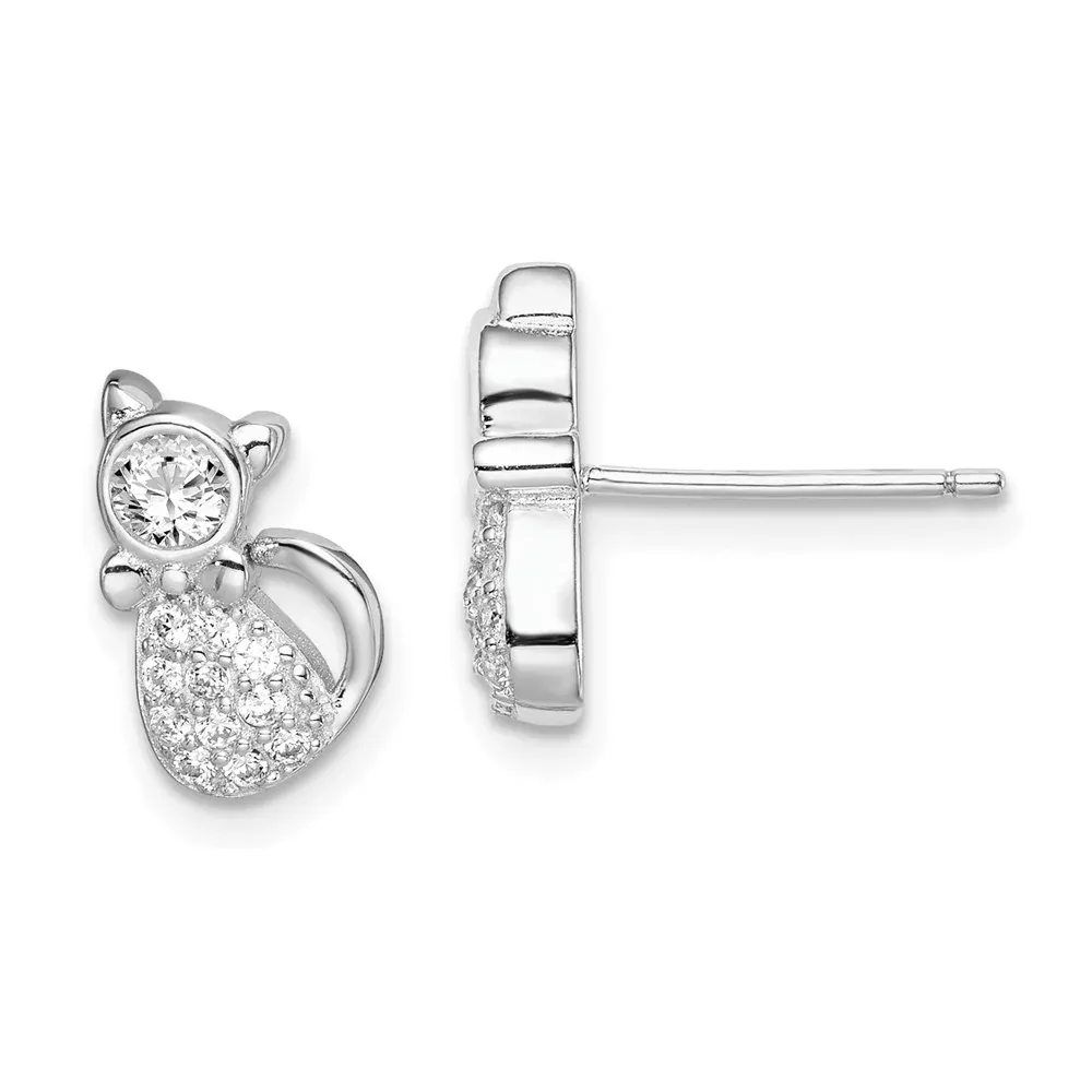 Sterling Silver Rhodium-Plated Polished Cz Cat Post Earrings