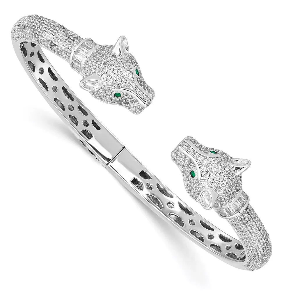 Sterling Silver Rhodium-Plated Polished Cz Lioness Hinged Cuff Bangle