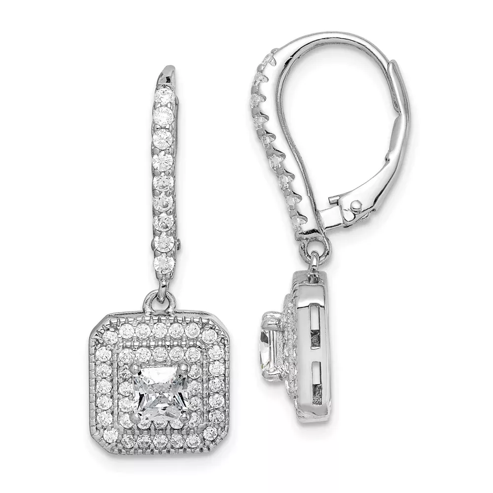 Sterling Silver Rhodium-Plated Polished Cz Square Leverback Earrings