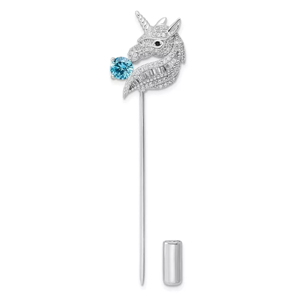 Sterling Silver Rhodium-Plated Polished Cz Unicorn Pin