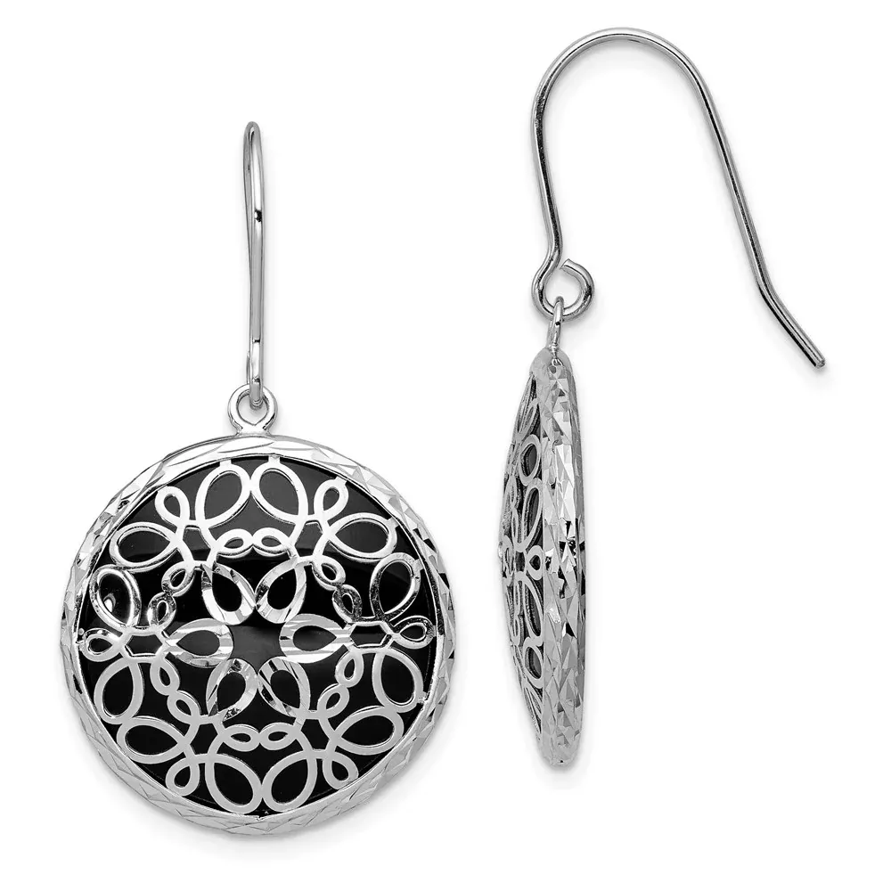 Sterling Silver Rhodium-Plated Polished D /C Onyx Circle Dangle Earrings