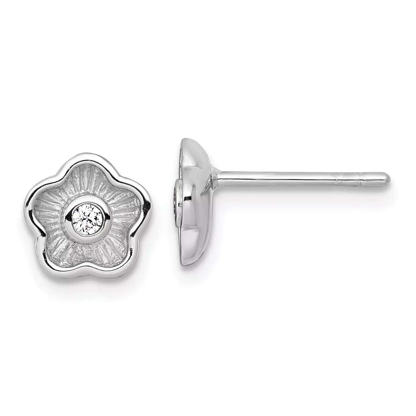 Sterling Silver Rhodium-plated Polished Textured CZ Flower Post Earrings