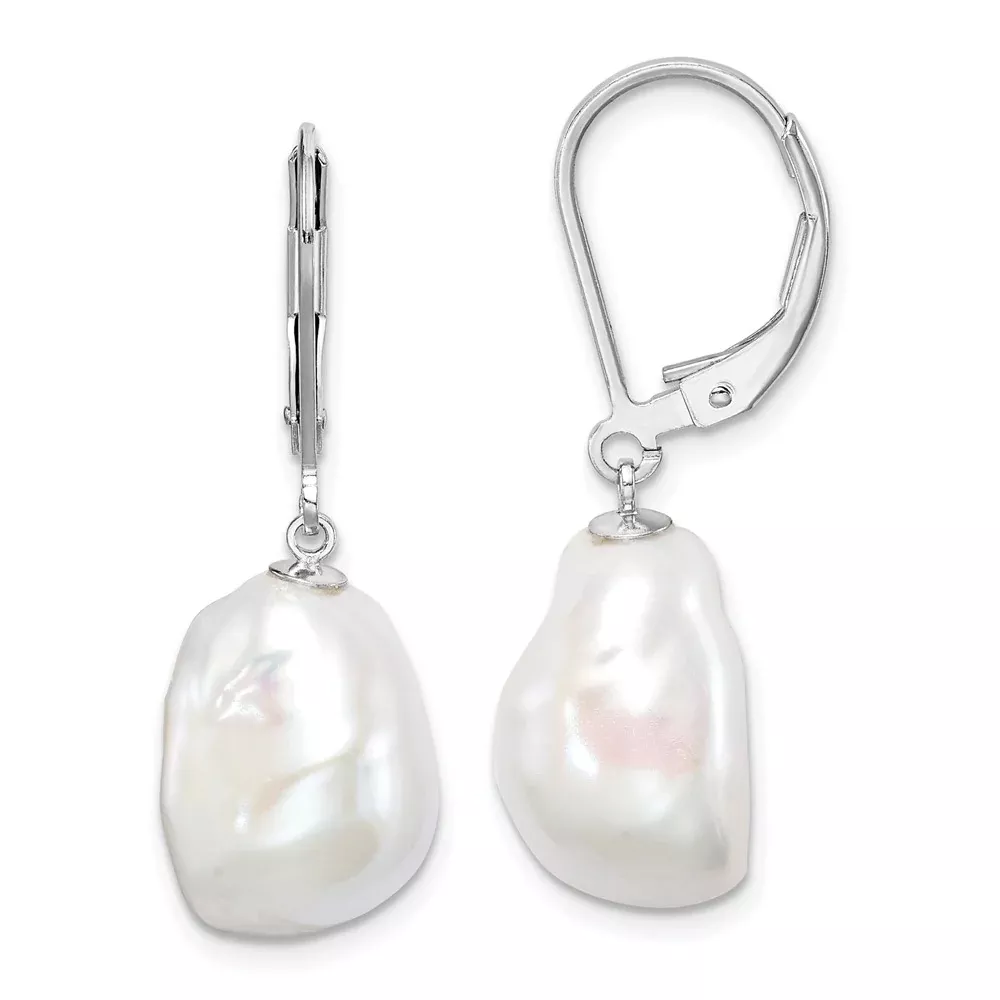 Sterling Silver Rhodium-Plated Polished White 11-12mm Keshi Freshwater Cultured Pearl Leverback Dangle Earrings