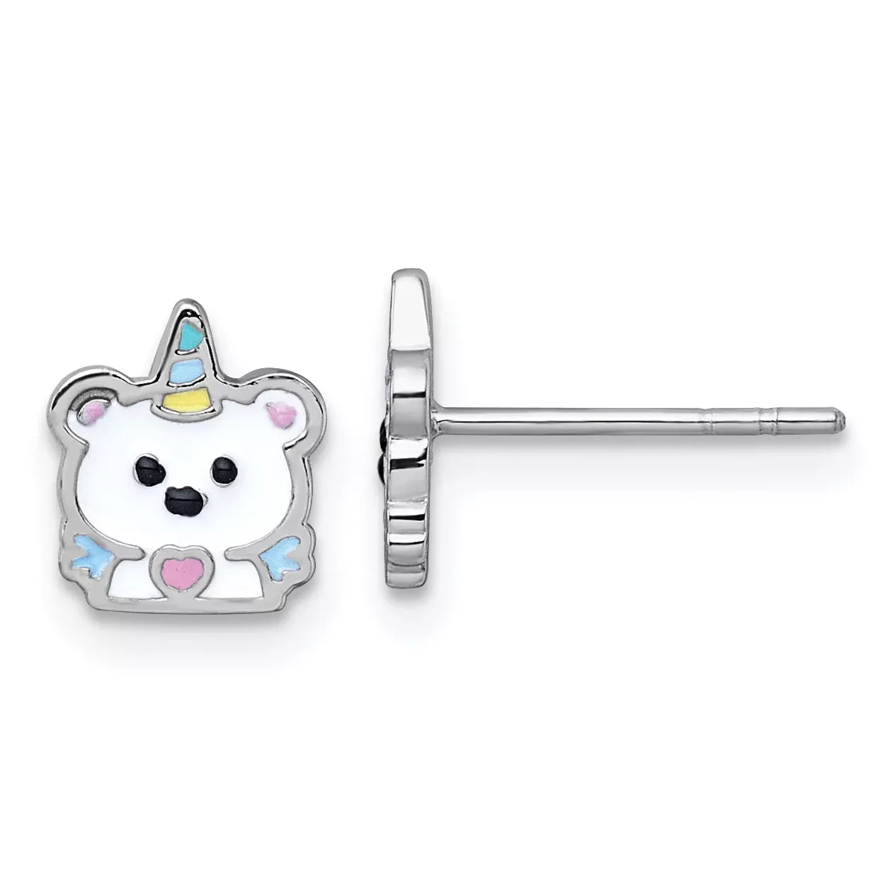 Sterling Silver Rhodium-plated Polished White and Rainbow Enamel Unicorn Polar Bear Childrens Post Earrings