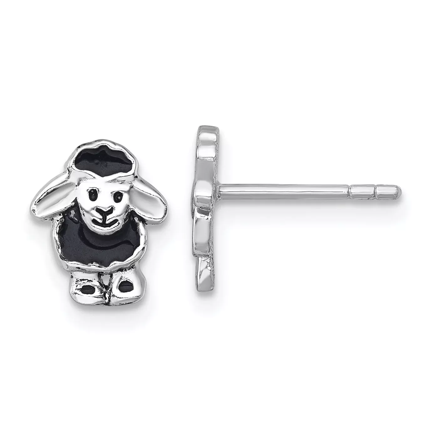 Sterling Silver Rhodium-plated Polished with Black Enamel Sheep Post Earrings
