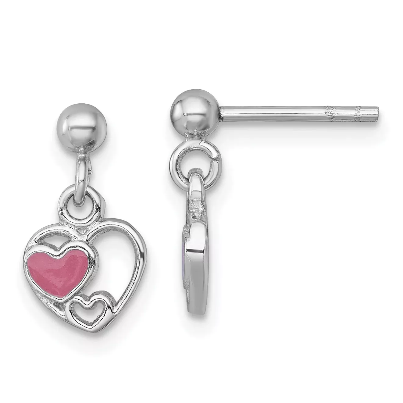 Sterling Silver Rhodium-plated Polished with Pink Enamel Triple Heart Post Dangle Earrings