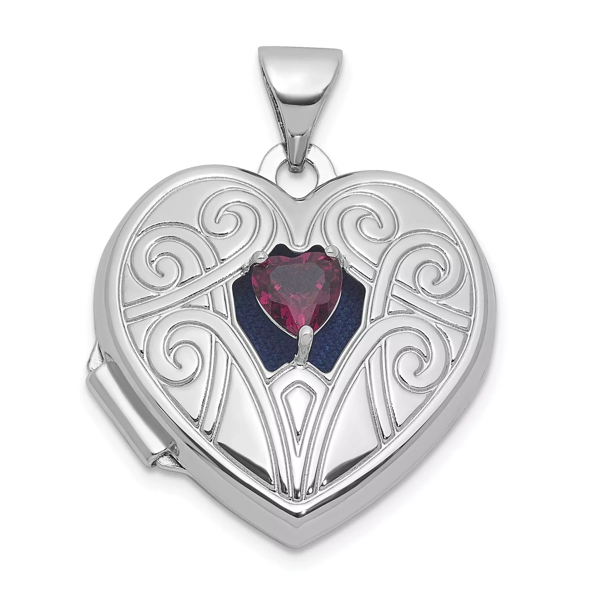 Sterling Silver Rhodium-plated Rhodolite Garnet June Birthstone 18mm Heart Locket