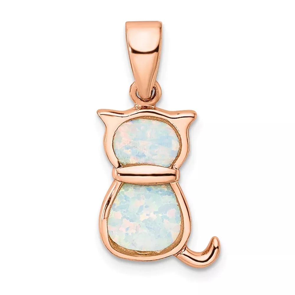 Sterling Silver Rhodium-Plated Rose-Tone White Created Opal Cat Pendant