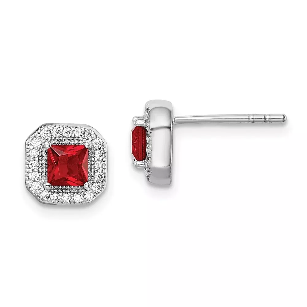 Sterling Silver Rhodium Plated Square Red Cz And Clear Post Earrings