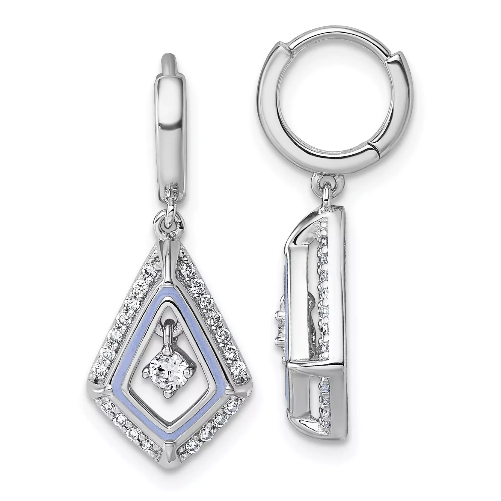 Sterling Silver Rhodium-plated Vibrant Moving CZ with Light Purple Enamel Kite-shape Dangle Hinged Hoop Earrings