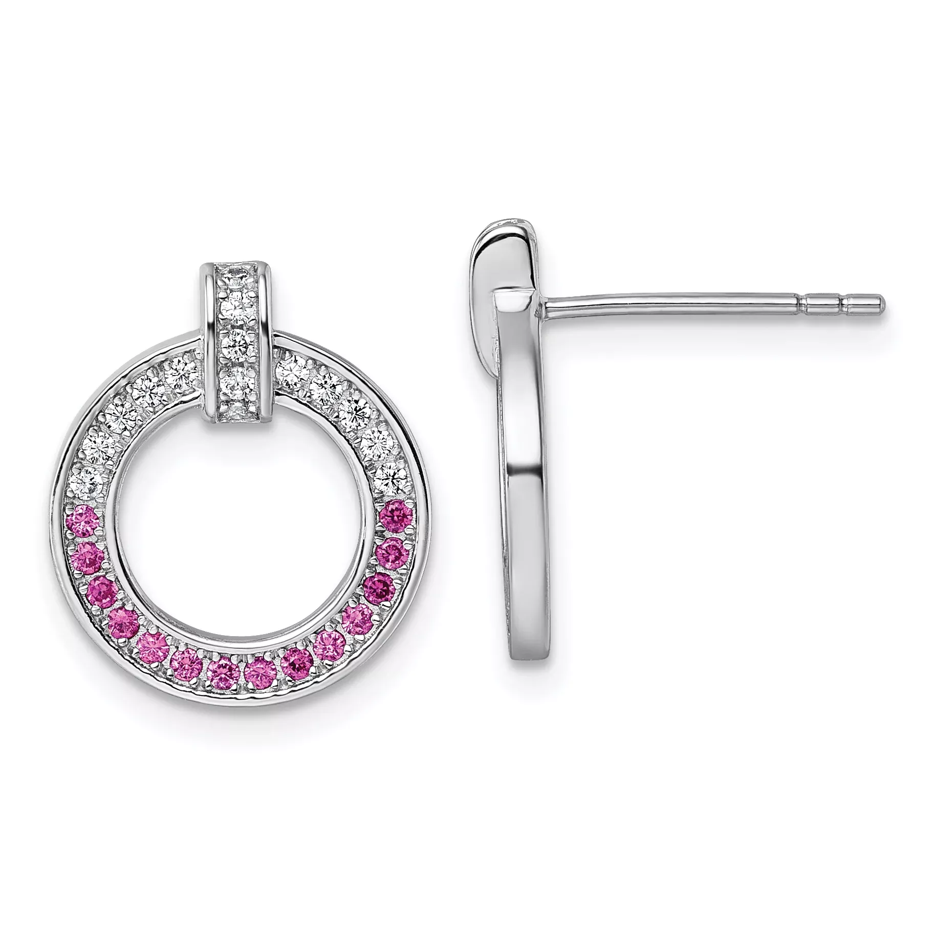 Sterling Silver Rhodium-plated White and Red CZ Open Circle Post Earrings
