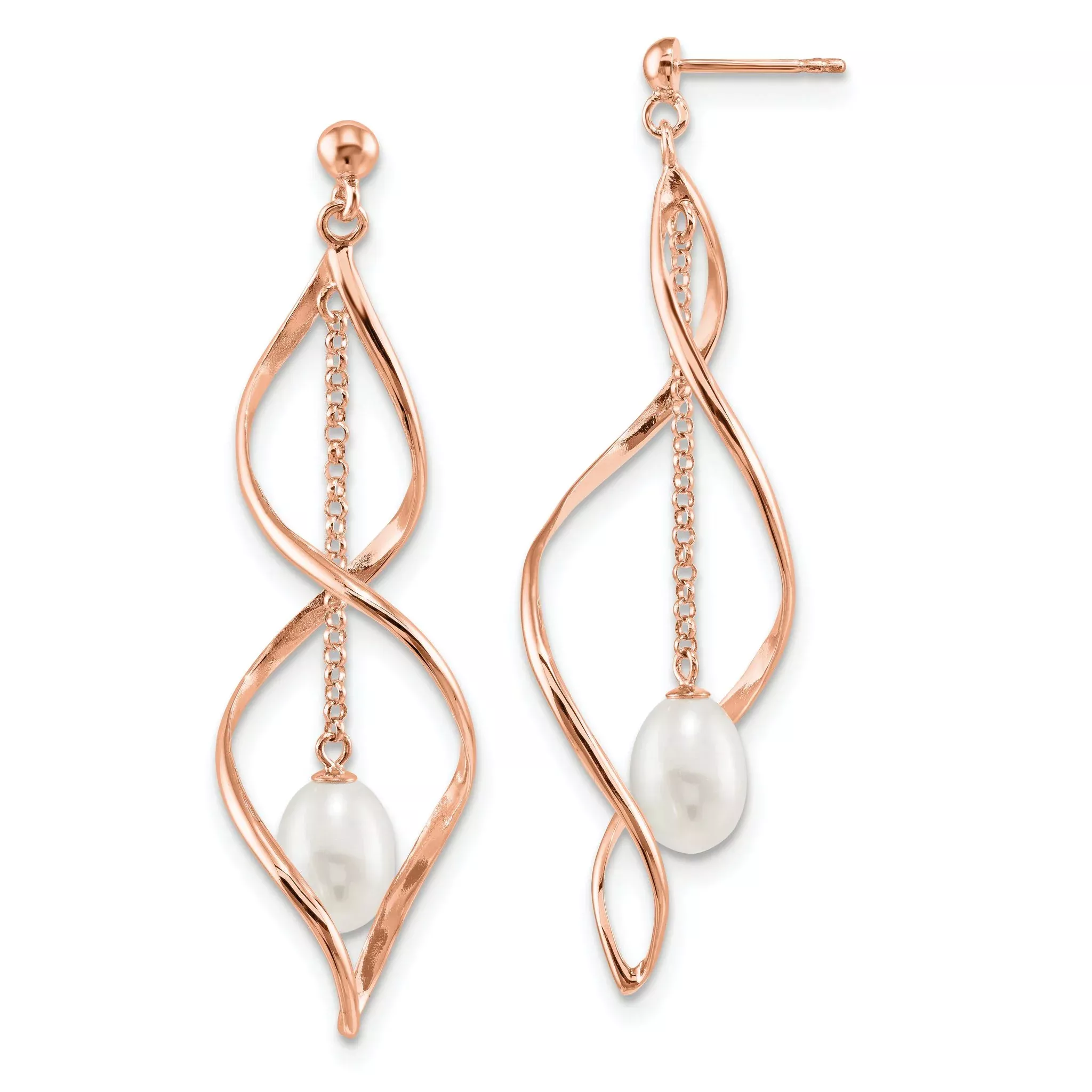 Sterling Silver Rose-tone 7-8mm White Rice Freshwater Cultured Pearl Post Dangle Earrings