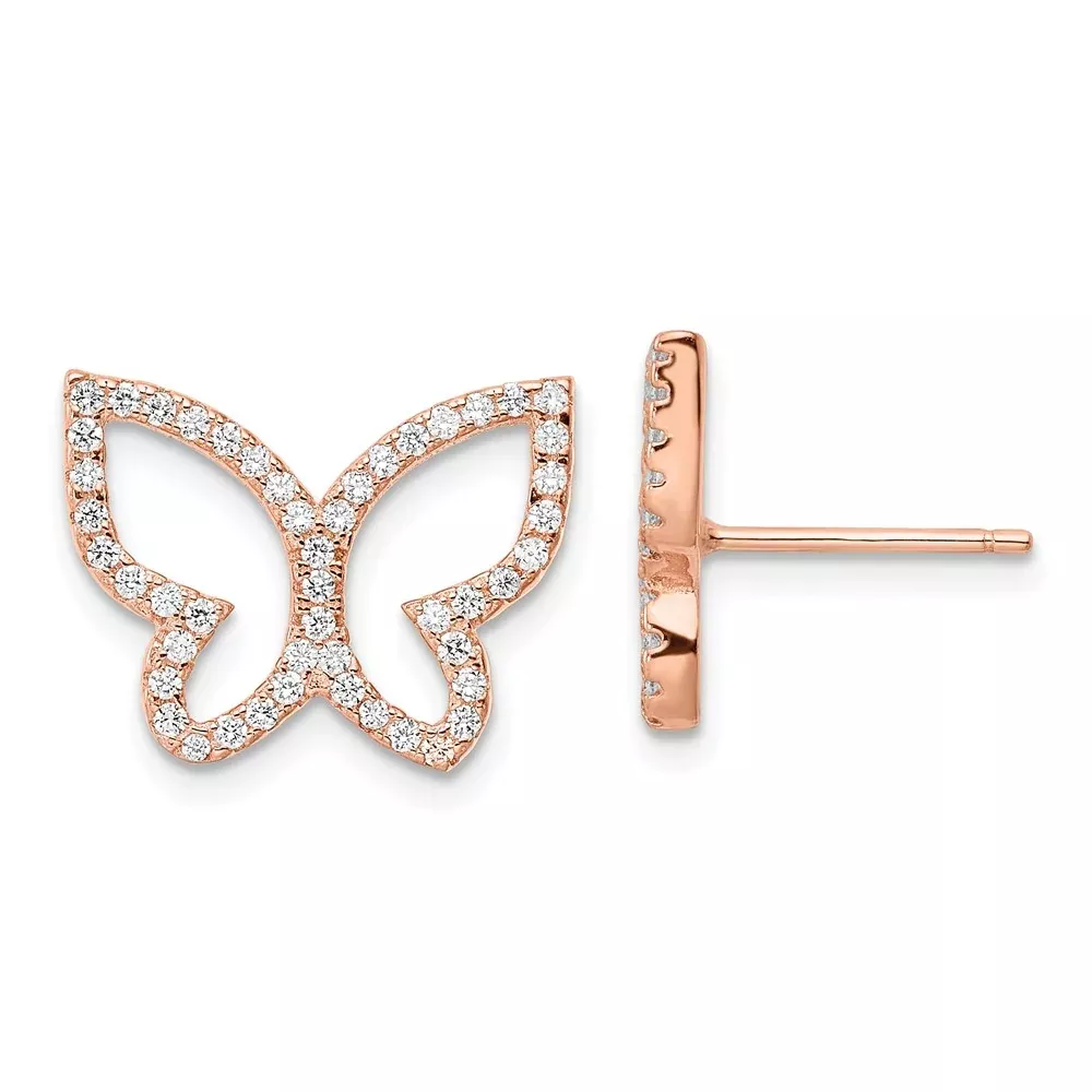 Sterling Silver Rose-Tone Cz Open Butterfly Post Earrings