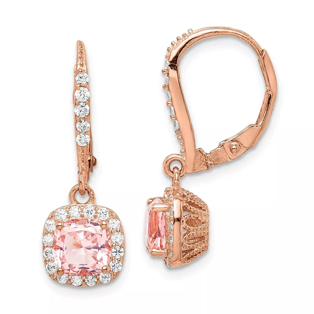 Sterling Silver Rose-Tone Pink Crystal & Cz Halo Leverback Dangle Earrings