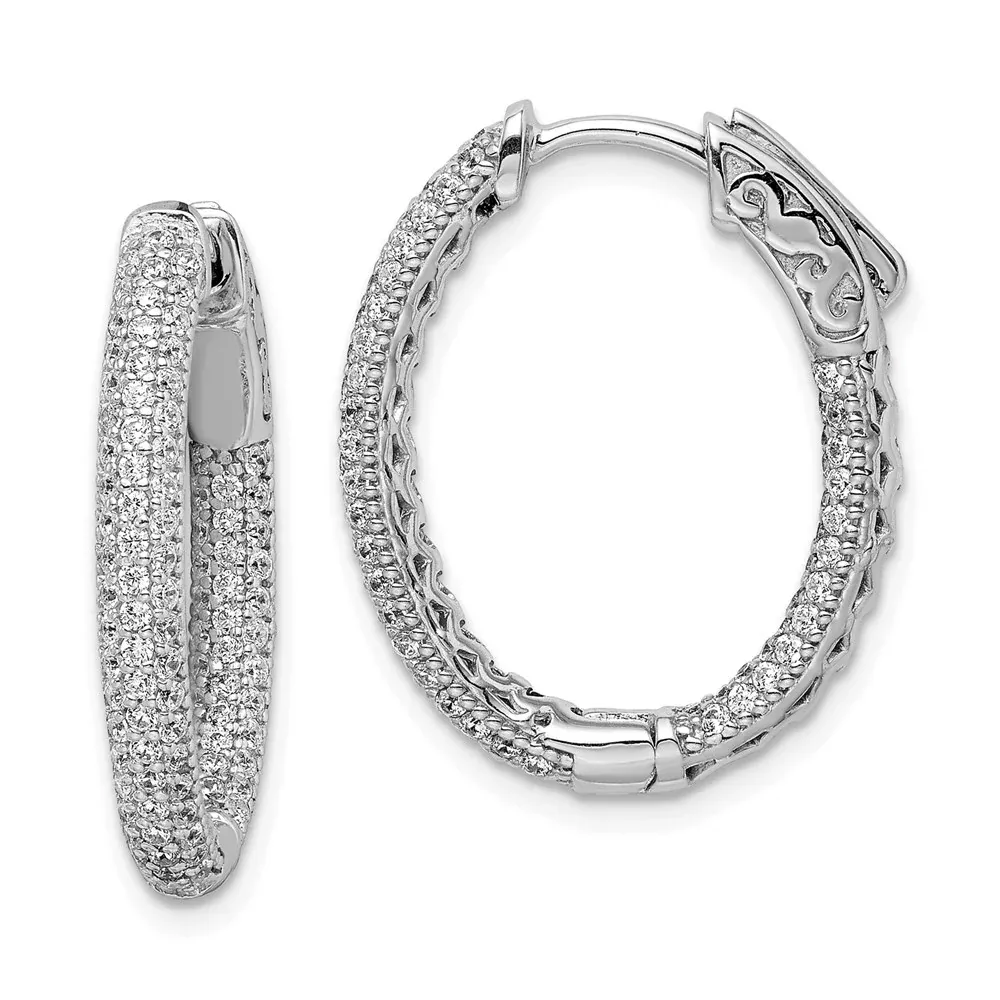 Sterling Silver Shimmer Rhodium-Plated 200 Stone Pav 1.1mm Cz In And Out Oval Hinged Hoop Earrings